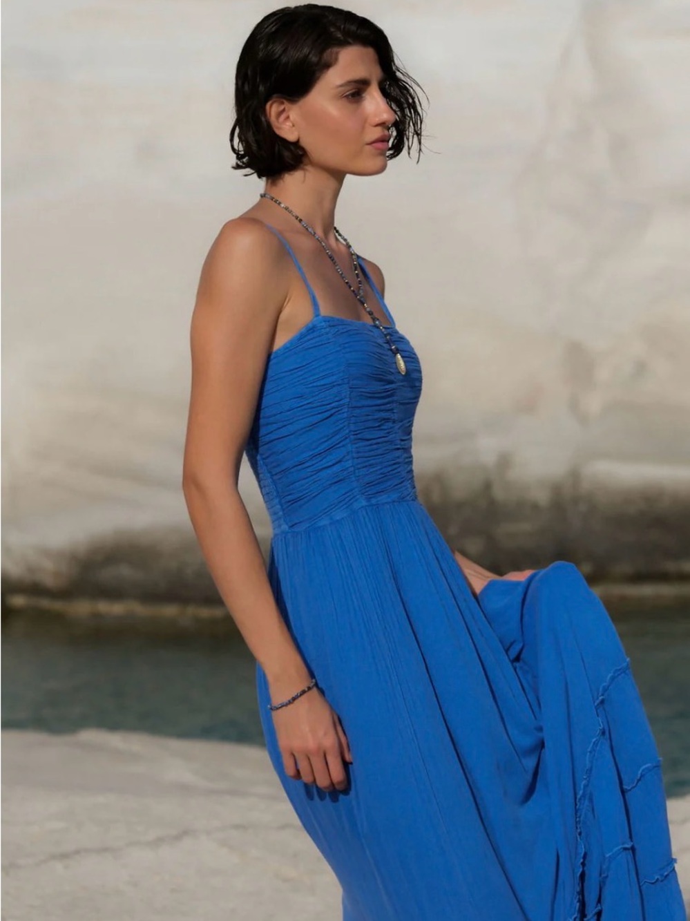 Pranella Boheme Ruched Bodice Spaghetti-Strap Maxi Dress in Blue